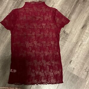 Sheer Lace Short-Sleeve Top in Deep Red